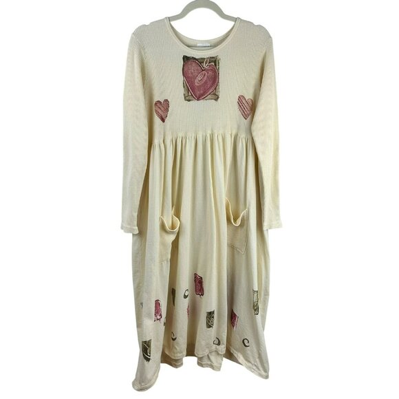 Vintage 90s Midi Dress Women Large Ivory Pink Hand Painted Heart Colodey Art - Picture 1 of 14